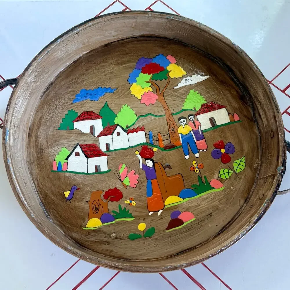 Vintage Hand Painted Folk Art Metal Tray Village Scene Round 14